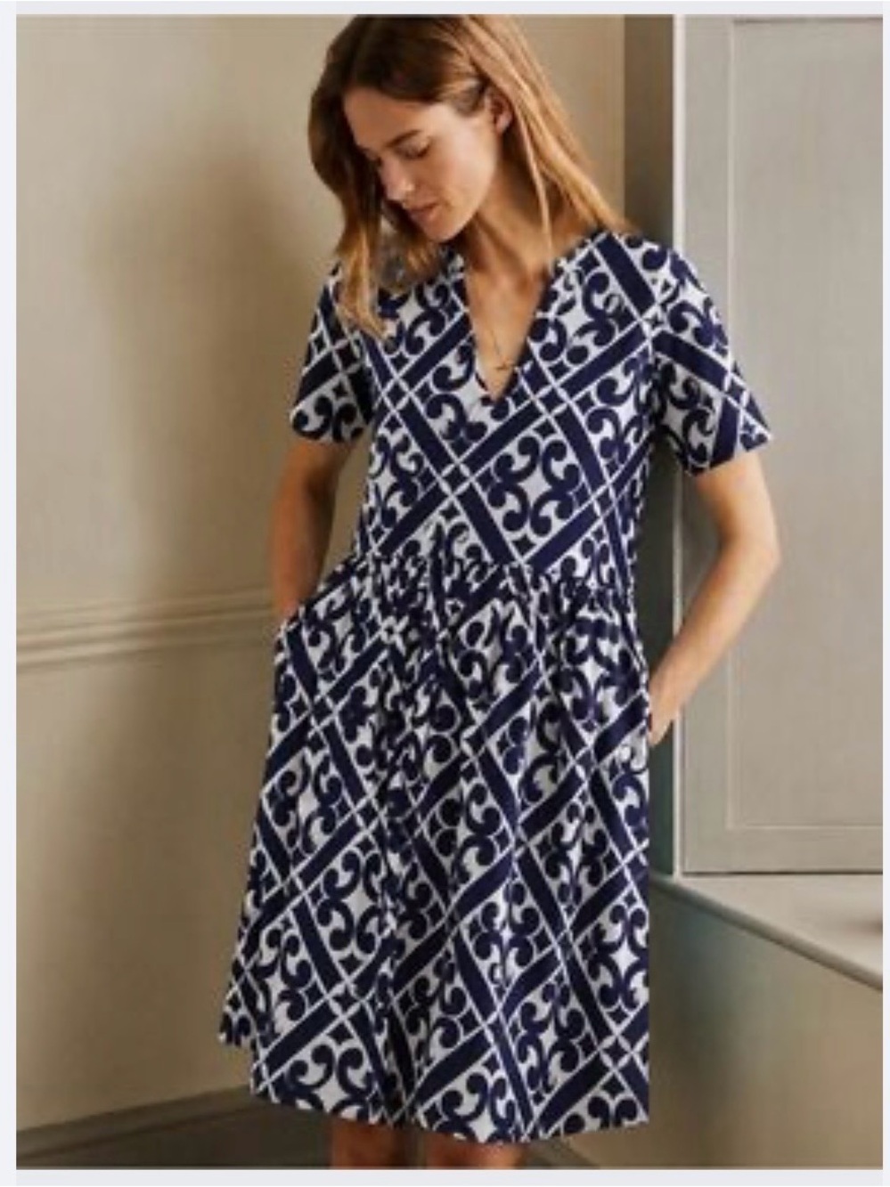 Boden Naomi Fit and Flare Dress Sz 8 Navy & White  Arabesque Cotton Jersey